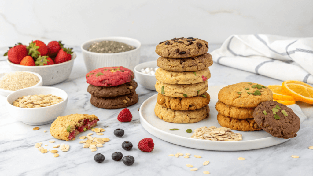 Assorted colorful cookies stacked on plates with ingredients like oats, seeds, berries, and citrus in the background on a marble surface.