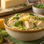 Bowl of creamy chicken and broccoli rice topped with shredded cheese, surrounded by fresh ingredients like cheese blocks and broccoli on a rustic wooden table.