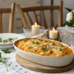 Baked cheesy pasta casserole in a white ceramic dish on a wooden board, surrounded by plates, candles, and flowers on a decorated dining table.