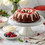 Red velvet bundt cake topped with white cream cheese frosting and red crumbs, displayed on a white cake stand with bowls of berries, frosting, and crumbs around it.