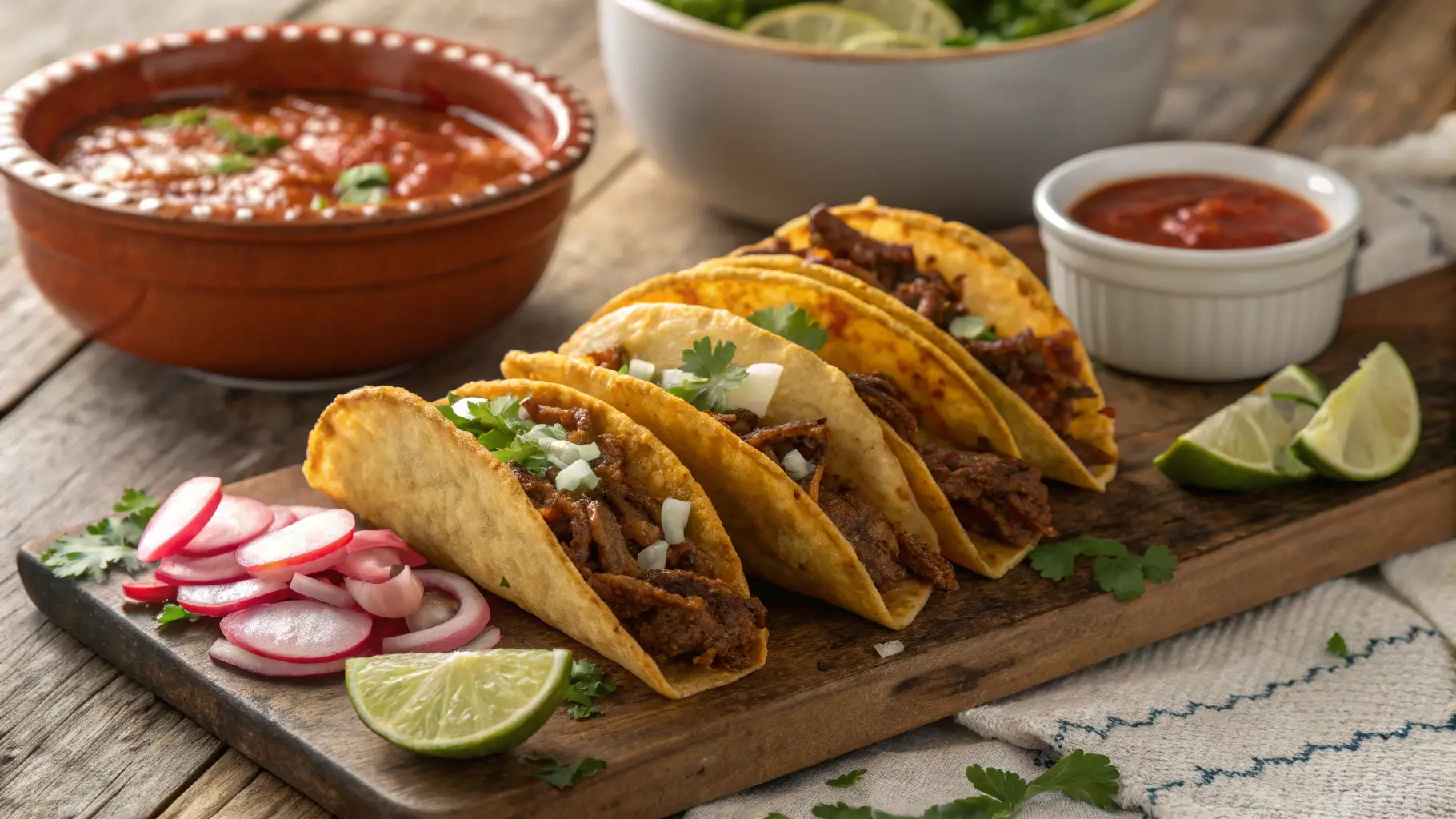 A rustic wooden board with four crispy birria tacos filled with tender shredded meat, garnished with fresh cilantro and diced onions, served with lime wedges, sliced radishes, and bowls of red salsa and consommé.