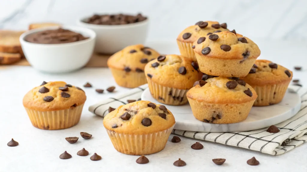 Freshly baked chocolate chip muffins on a marble plate with scattered chocolate chips and bowls in the background.