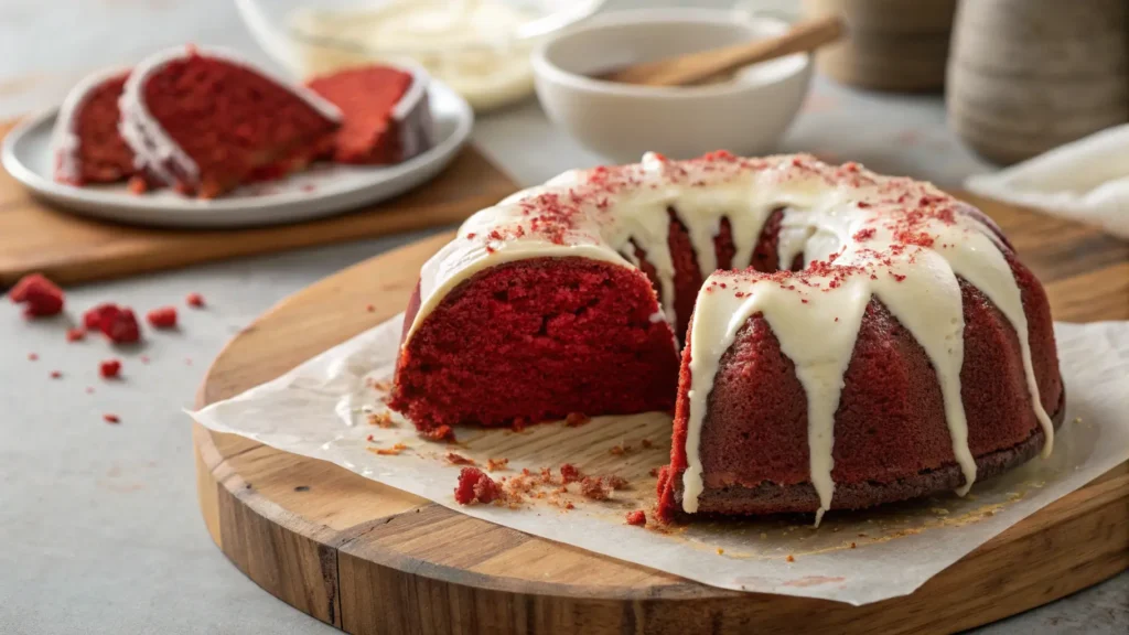 A moist red velvet bundt cake topped with cream cheese icing, with a slice removed and placed on a plate in the background.