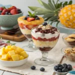 Colorful layered fruit parfaits in glass cups with fresh berries, mango chunks, cookies, and peanuts displayed on a table with a peeled pineapple in the background.