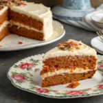 A slice of carrot cake with cream cheese frosting on a floral plate, with the rest of the cake in the background.