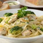 A bowl of baked chicken fettuccine alfredo with broccoli garnished with parsley, served alongside slices of crusty bread and a creamy dipping sauce.