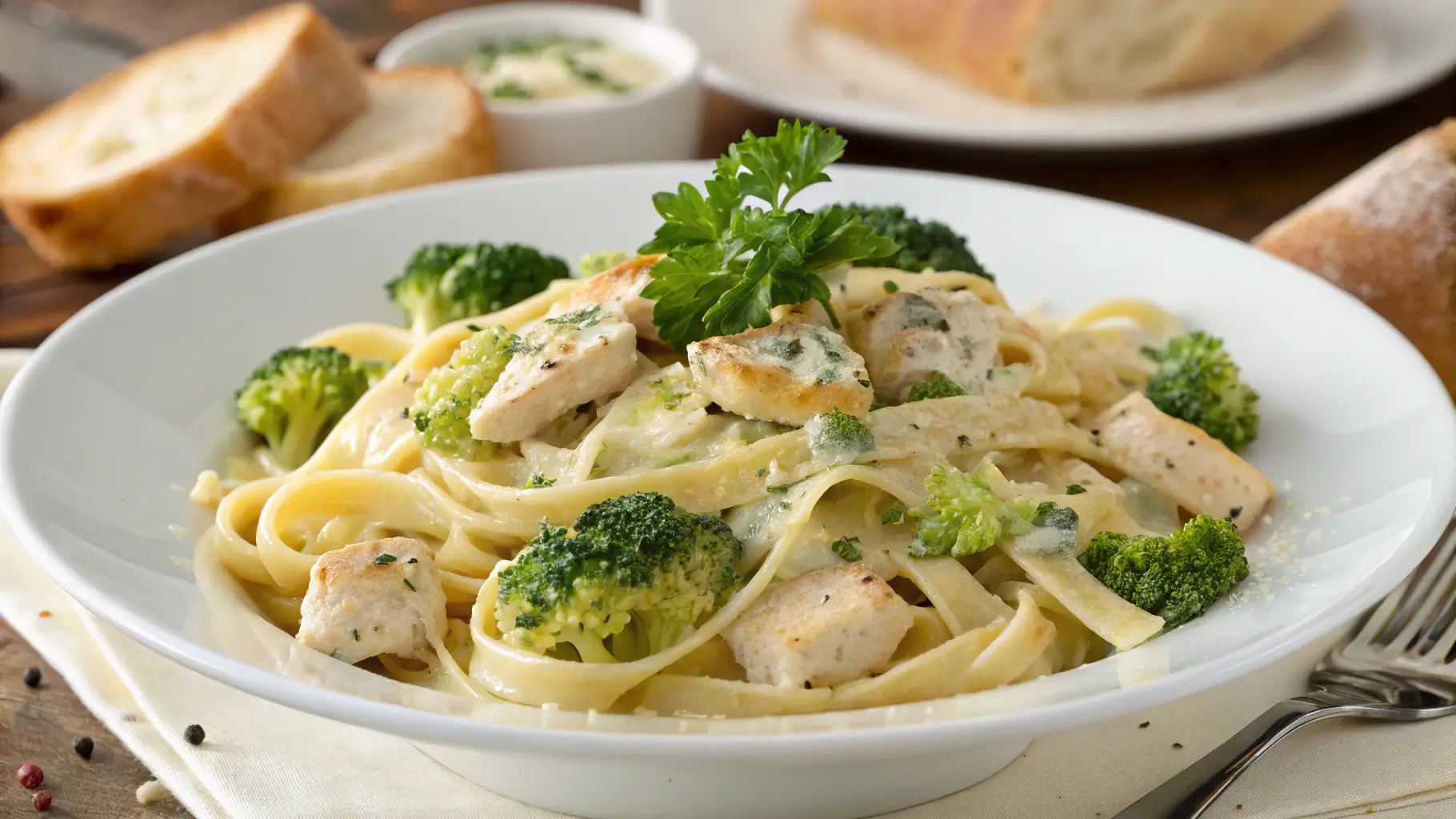 A bowl of baked chicken fettuccine alfredo with broccoli garnished with parsley, served alongside slices of crusty bread and a creamy dipping sauce.