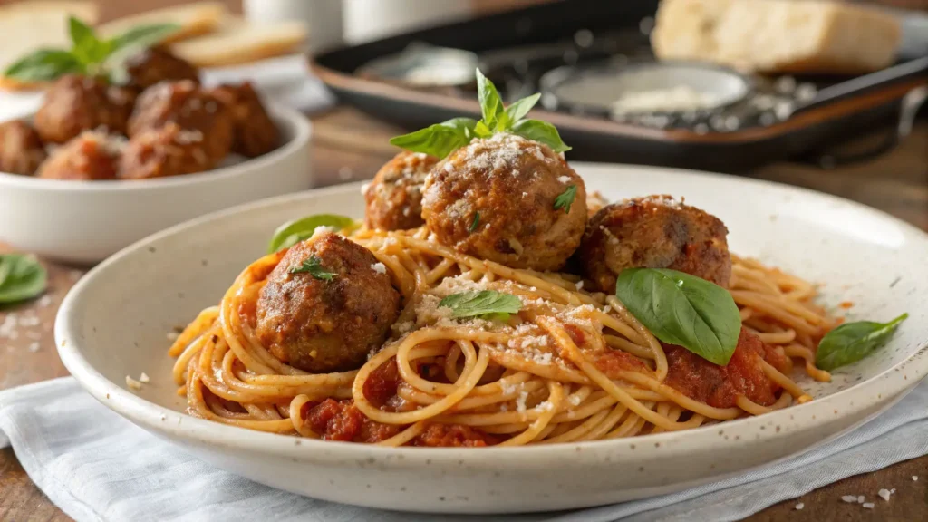 A plate of spaghetti topped with marinara sauce, meatballs, and fresh basil leaves.