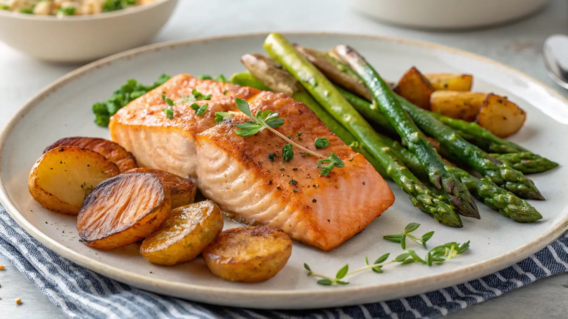 Baked salmon served with roasted potatoes and asparagus garnished with fresh herbs.