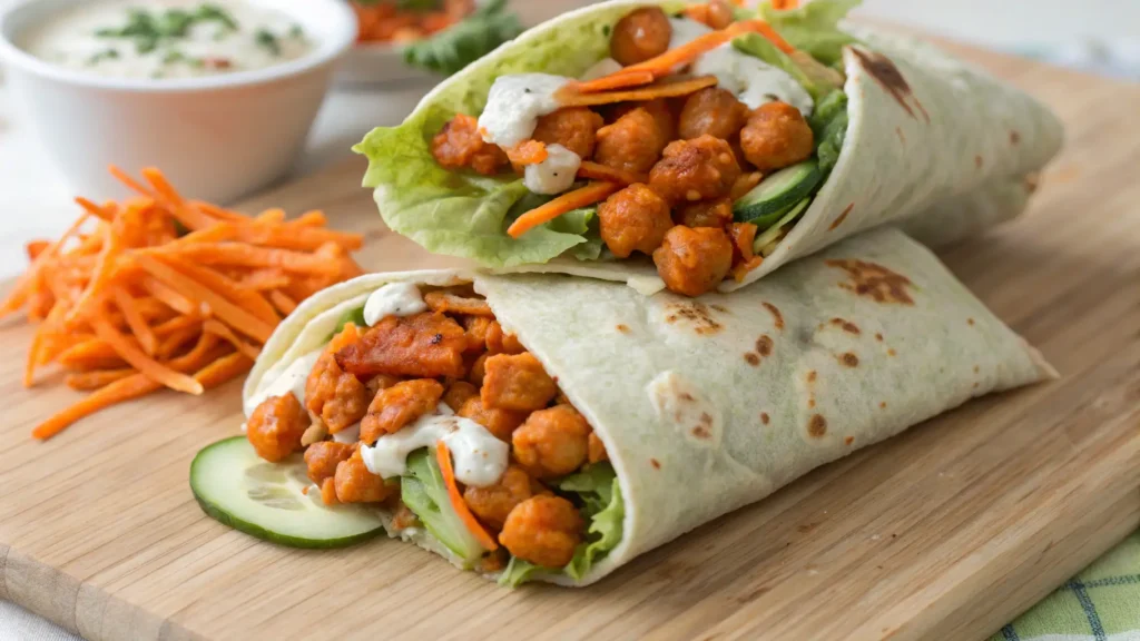 A close-up of two buffalo chickpea wraps on a wooden board, filled with spicy chickpeas, lettuce, shredded carrots, cucumber slices, and drizzled with creamy dressing.