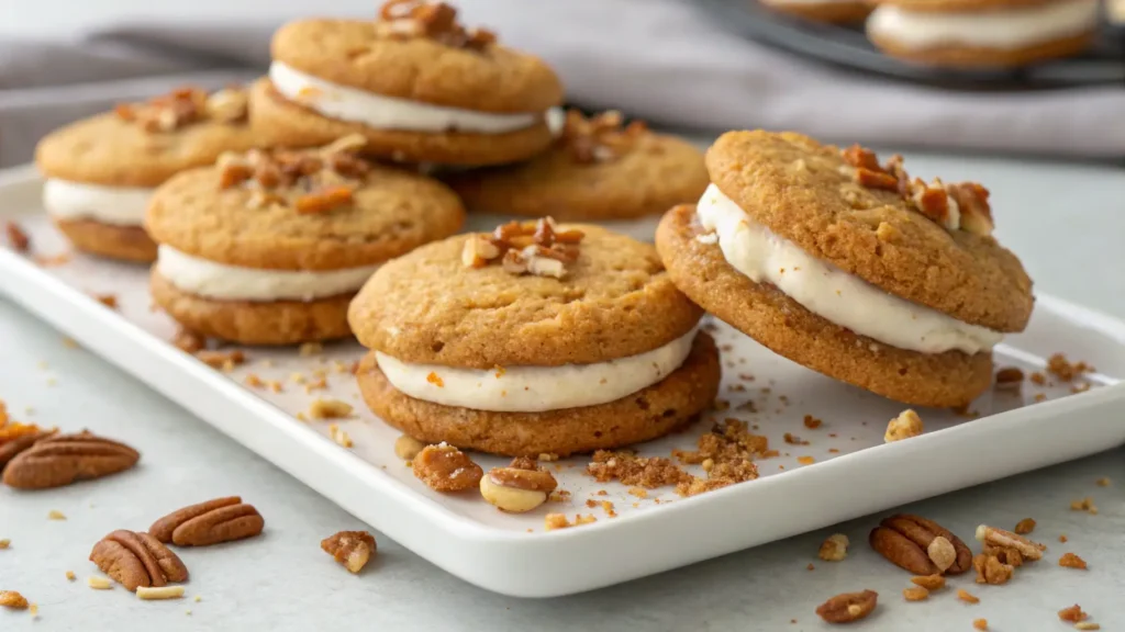 Sandwich-style cookies with creamy filling and chopped pecans on a white serving tray.