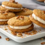 Sandwich-style cookies with creamy filling and chopped pecans on a white serving tray.