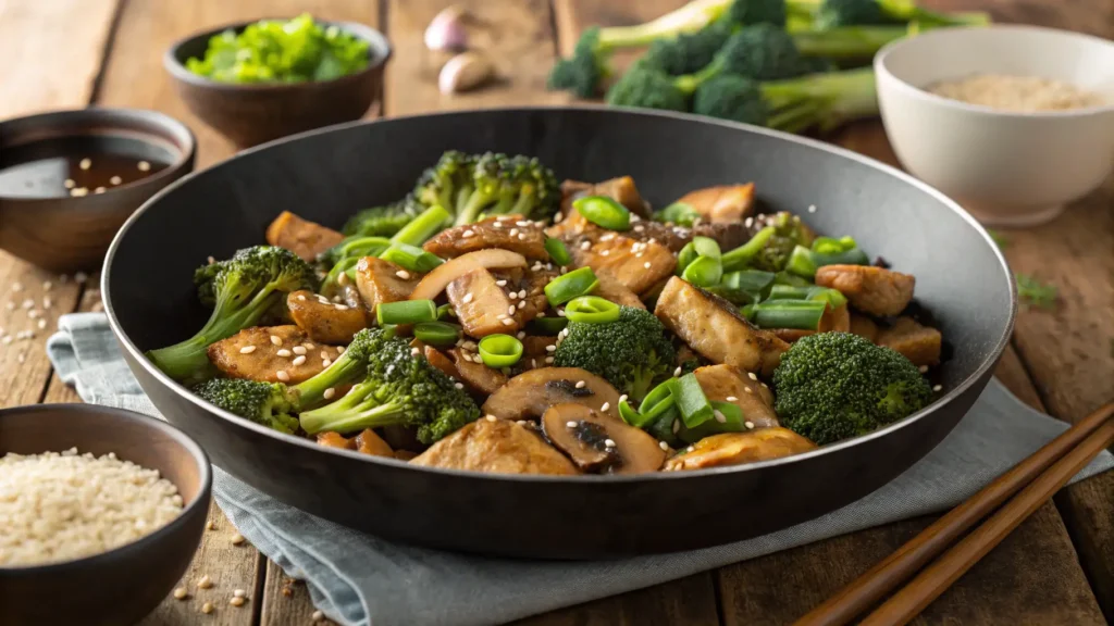 A close-up of a chicken broccoli and mushroom stir fry in a black wok, garnished with sesame seeds and green onions.