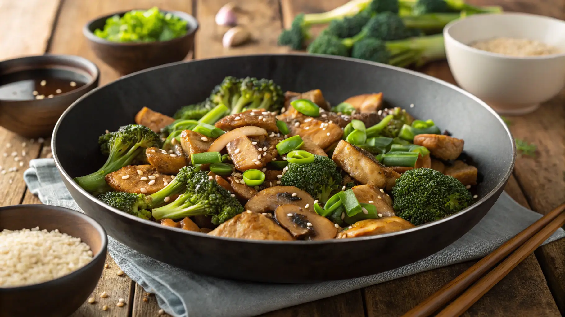 A close-up of a chicken broccoli and mushroom stir fry in a black wok, garnished with sesame seeds and green onions.