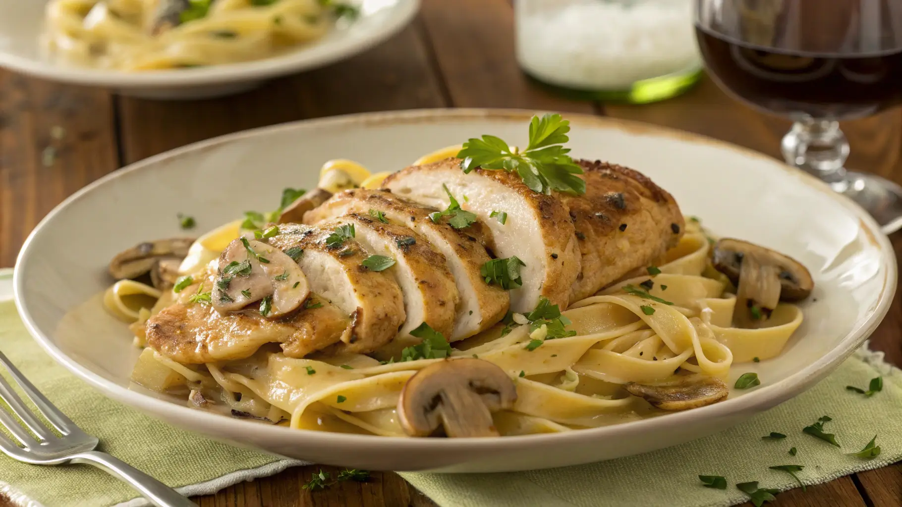 A plate of chicken marsala fettuccine featuring golden brown sliced chicken breast served over creamy fettuccine pasta with mushrooms, garnished with fresh parsley.