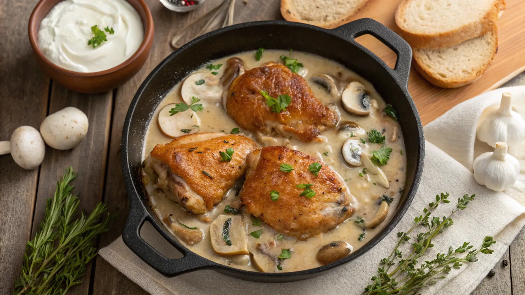 A cast iron skillet containing golden-brown chicken thighs nestled in a creamy mushroom sauce, garnished with fresh parsley and surrounded by slices of mushrooms.