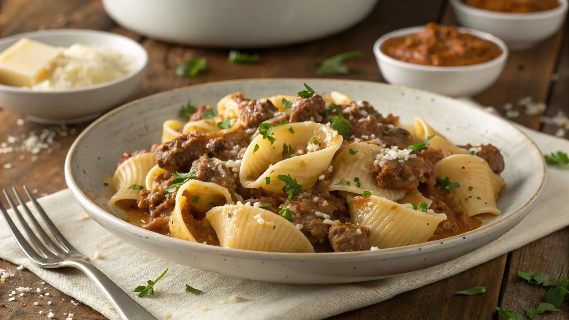 A plate of creamy beef and shells garnished with fresh parsley and grated cheese, served on a rustic wooden table with a fork and additional bowls of ingredients in the background.