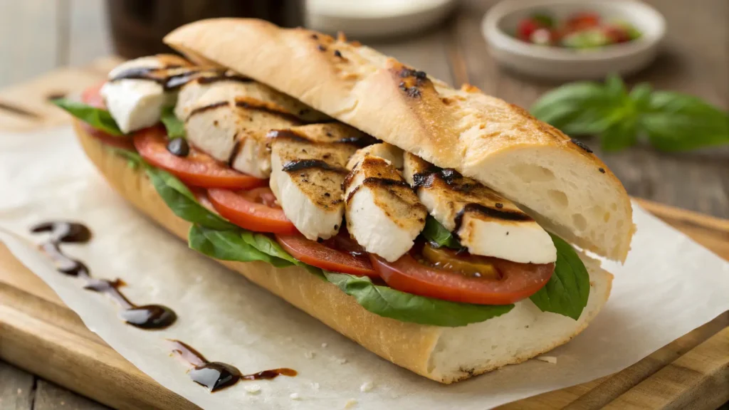 Grilled chicken Caprese sandwich with fresh mozzarella, tomato slices, basil, and balsamic glaze on a toasted baguette.