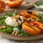 A rustic plate of grilled peach and burrata salad featuring caramelized peaches with grill marks, creamy burrata cheese, fresh arugula, toasted walnuts, and a drizzle of balsamic glaze.