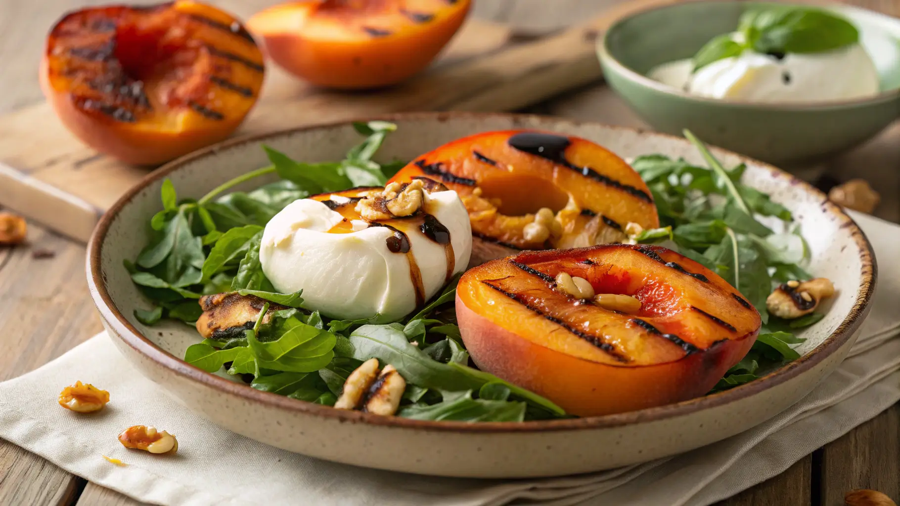 A rustic plate of grilled peach and burrata salad featuring caramelized peaches with grill marks, creamy burrata cheese, fresh arugula, toasted walnuts, and a drizzle of balsamic glaze.