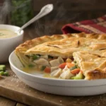 A freshly baked chicken pot pie with a golden flaky crust, filled with chunks of chicken and mixed vegetables, served alongside a steaming bowl of creamy soup on a rustic wooden board.