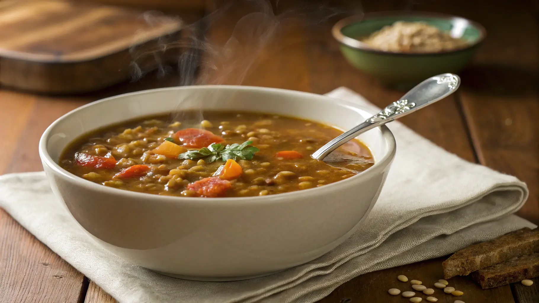 A steaming bowl of lentil soup with visible chunks of carrots and tomatoes, garnished with a sprig of parsley, served in a white ceramic bowl.