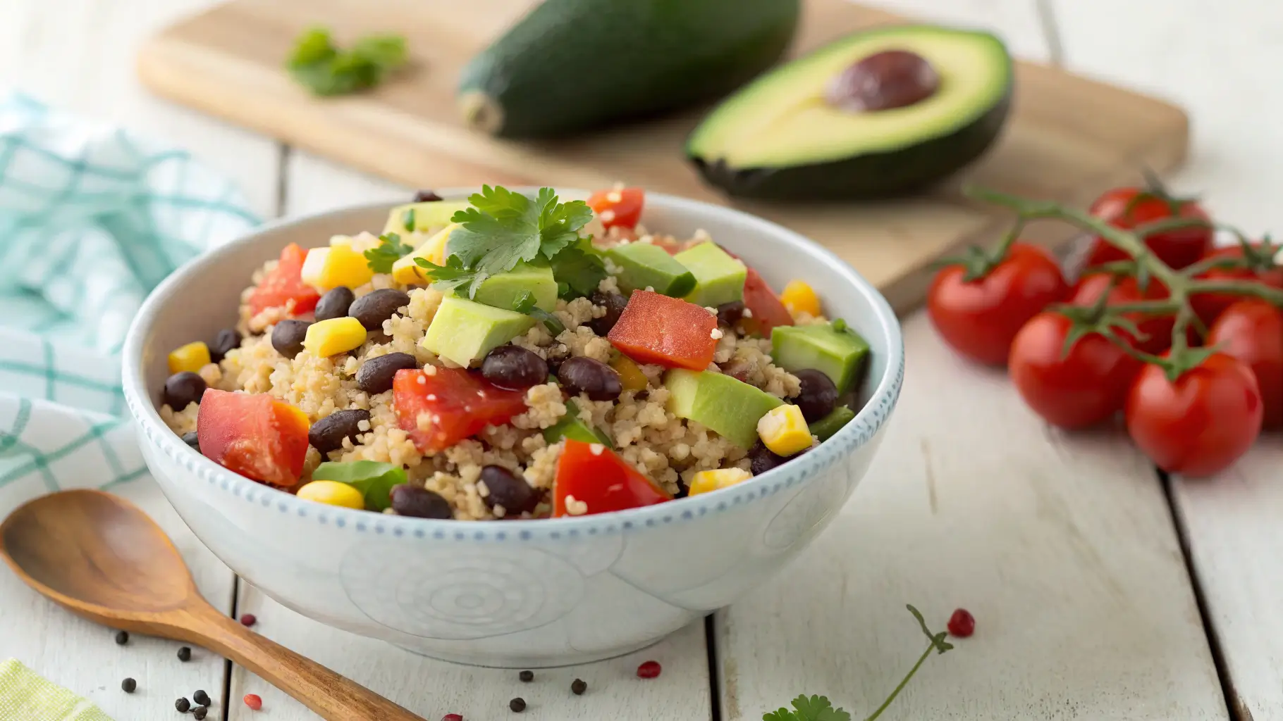 A vibrant bowl of Mexican quinoa salad with black beans, corn, diced avocado, cherry tomatoes, and fresh cilantro, served on a rustic white wooden table.