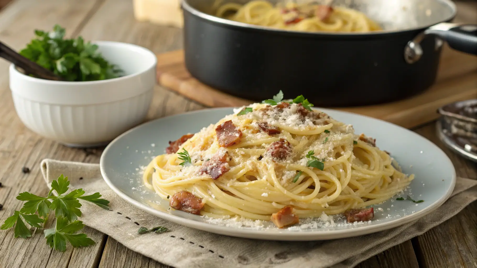 A plate of creamy one-pot spaghetti carbonara topped with crispy pancetta, grated cheese, and fresh parsley, with a pot of pasta in the background.