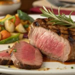 A juicy pan-seared filet mignon steak served with roasted vegetables, garnished with rosemary.