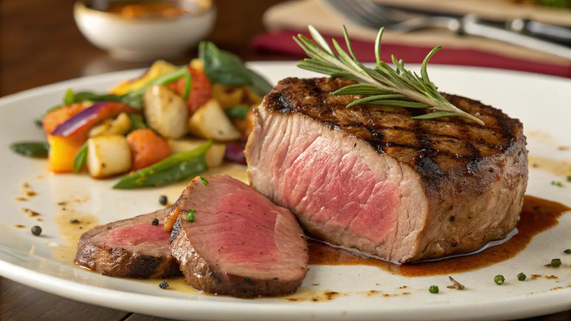 A juicy pan-seared filet mignon steak served with roasted vegetables, garnished with rosemary.