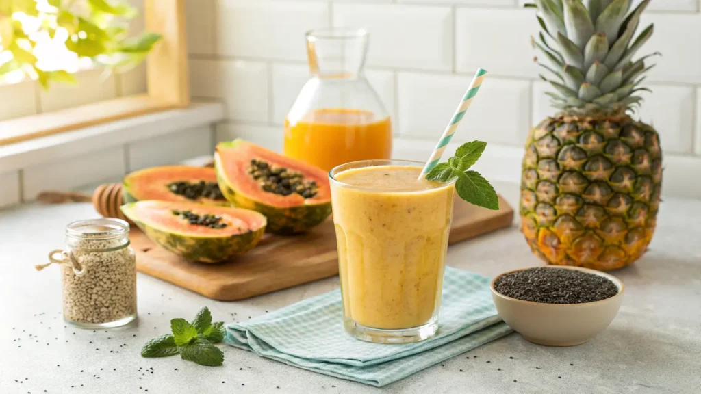 A tropical smoothie in a glass garnished with mint, surrounded by papaya, pineapple, chia seeds, and a jar of grains on a bright kitchen counter.