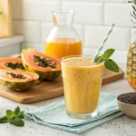 A tropical smoothie in a glass garnished with mint, surrounded by papaya, pineapple, chia seeds, and a jar of grains on a bright kitchen counter.