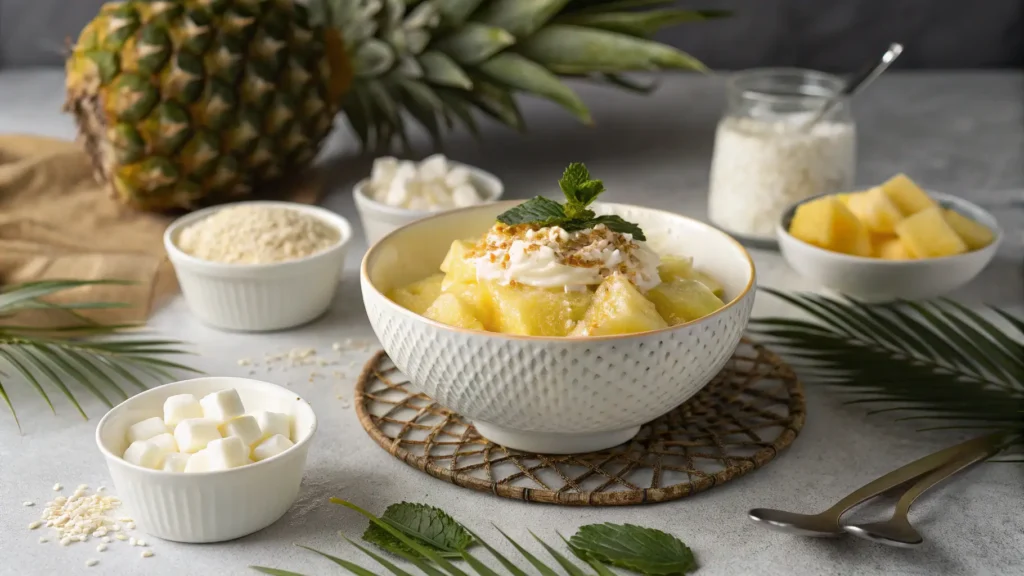 Tropical pineapple dessert in a white textured bowl topped with whipped cream, toasted coconut, and mint, surrounded by ingredients like cubed pineapple, coconut flakes, and marshmallows.