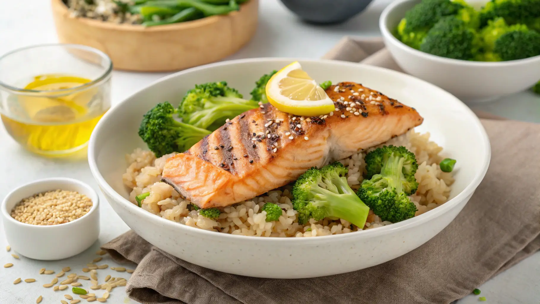 A grilled salmon fillet with sesame seeds and a lemon wedge, served over a bed of brown rice with steamed broccoli in a white bowl.