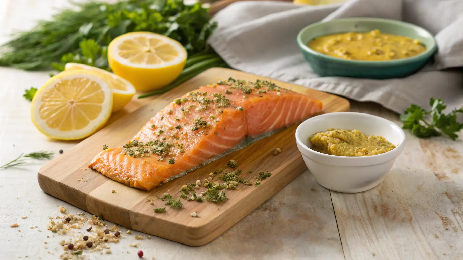 Fresh salmon fillet seasoned with herbs on a wooden board, accompanied by a small bowl of mustard paste and lemon slices, with fresh herbs in the background.