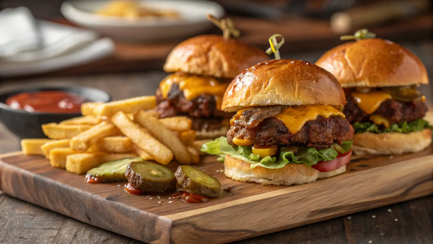 Delicious smash burger sliders with melted cheese, fresh lettuce, and crispy fries, served on a rustic wooden board.