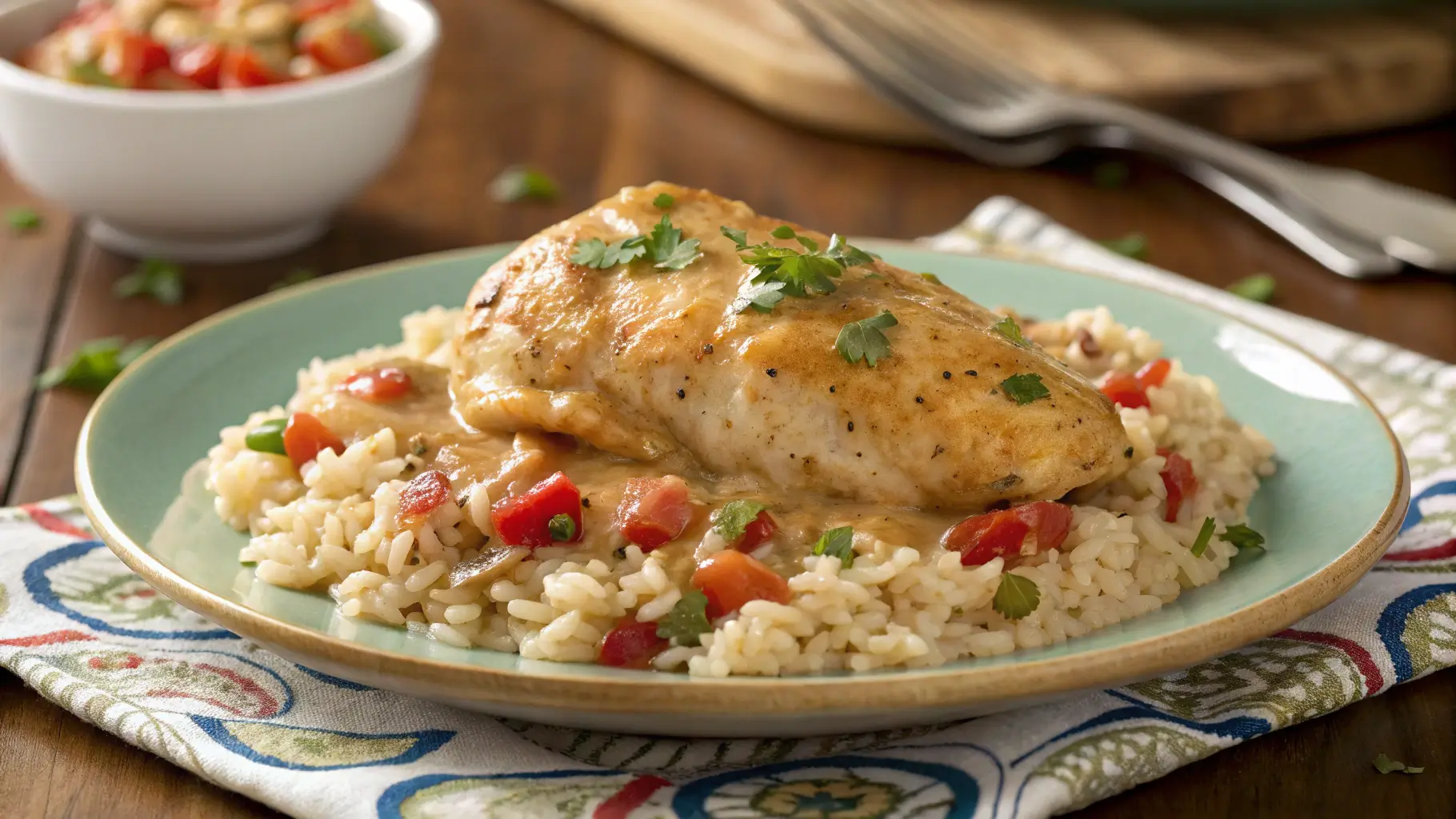 Flat-lay of smothered chicken and rice ingredients, including raw chicken thighs, rice, vegetables, spices, and cooking essentials on a wooden counter.