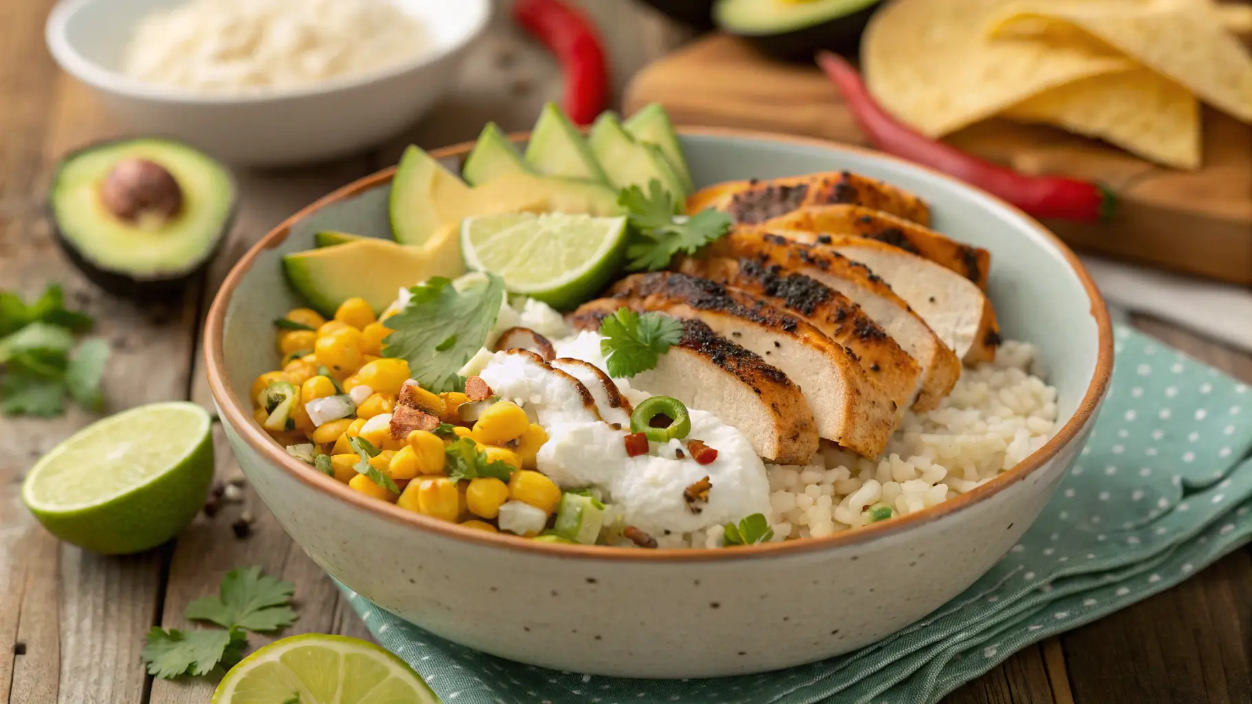 A street corn chicken rice bowl with grilled chicken slices, charred corn, creamy toppings, avocado slices, and lime wedges served in a rustic ceramic bowl.