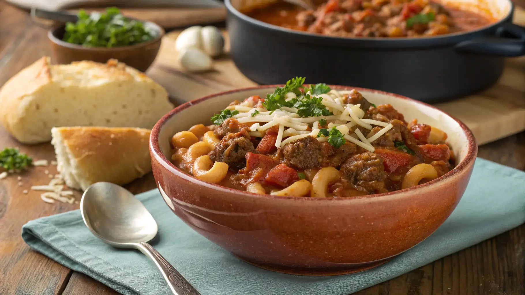 A bowl of American goulash with elbow macaroni, ground beef, and a rich tomato-based sauce, garnished with parsley and shredded cheese, served with bread on a rustic wooden table.