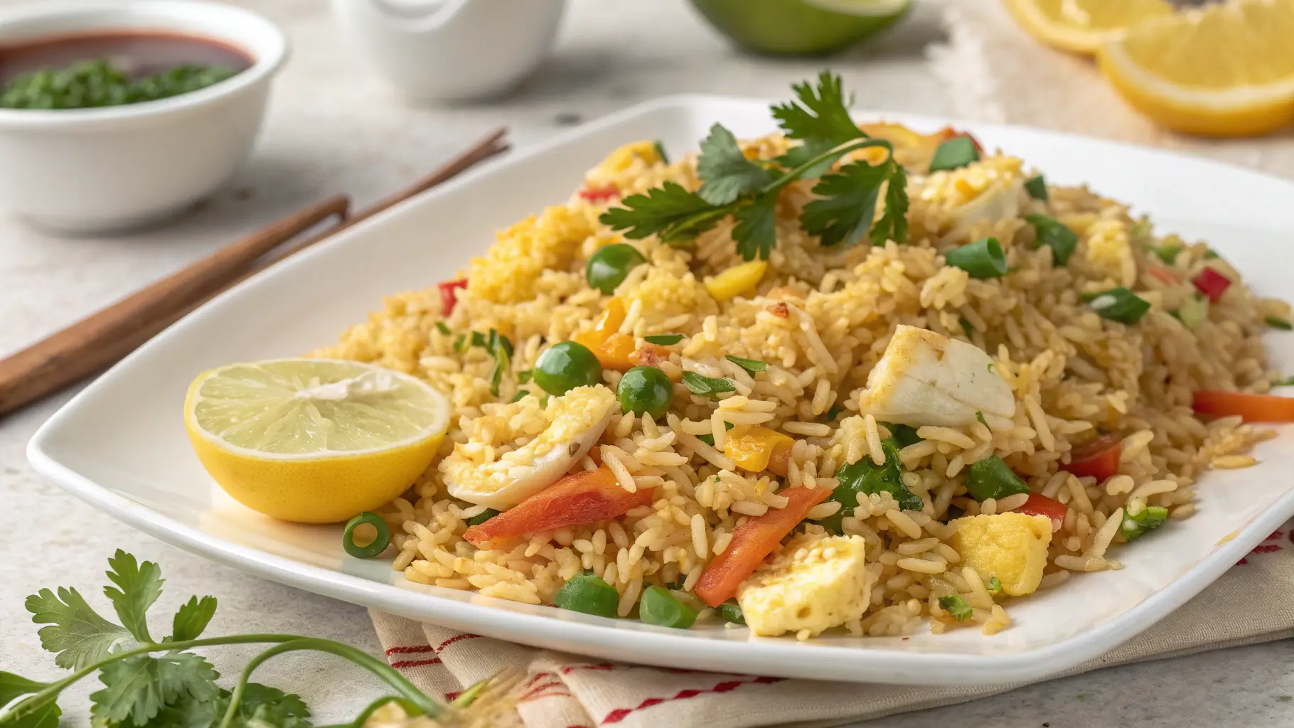 A plate of Anjappar-style egg fried rice garnished with fresh herbs, lemon, and vegetables, served with a side of sauce and chopsticks.