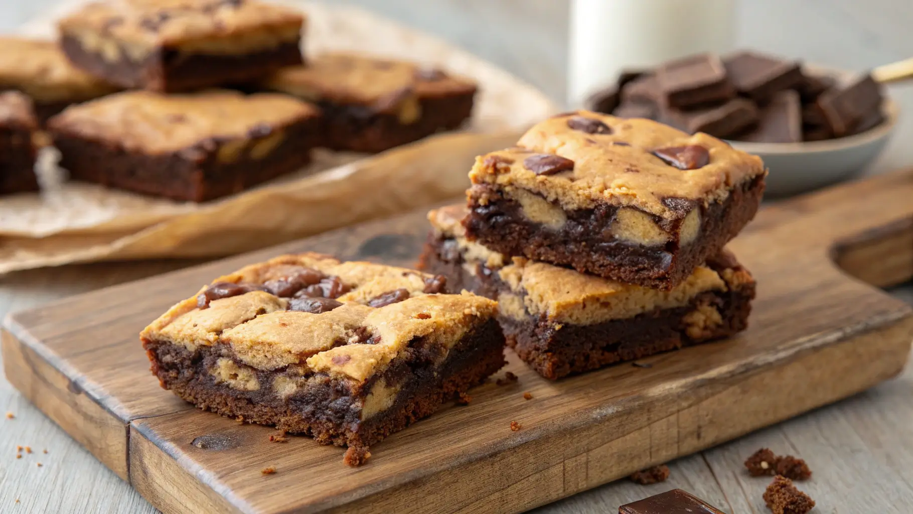 A close-up of freshly baked Brown Butter Brookies, showing the distinct layers of fudgy brownie and chewy chocolate chip cookie, stacked on a rustic wooden board.