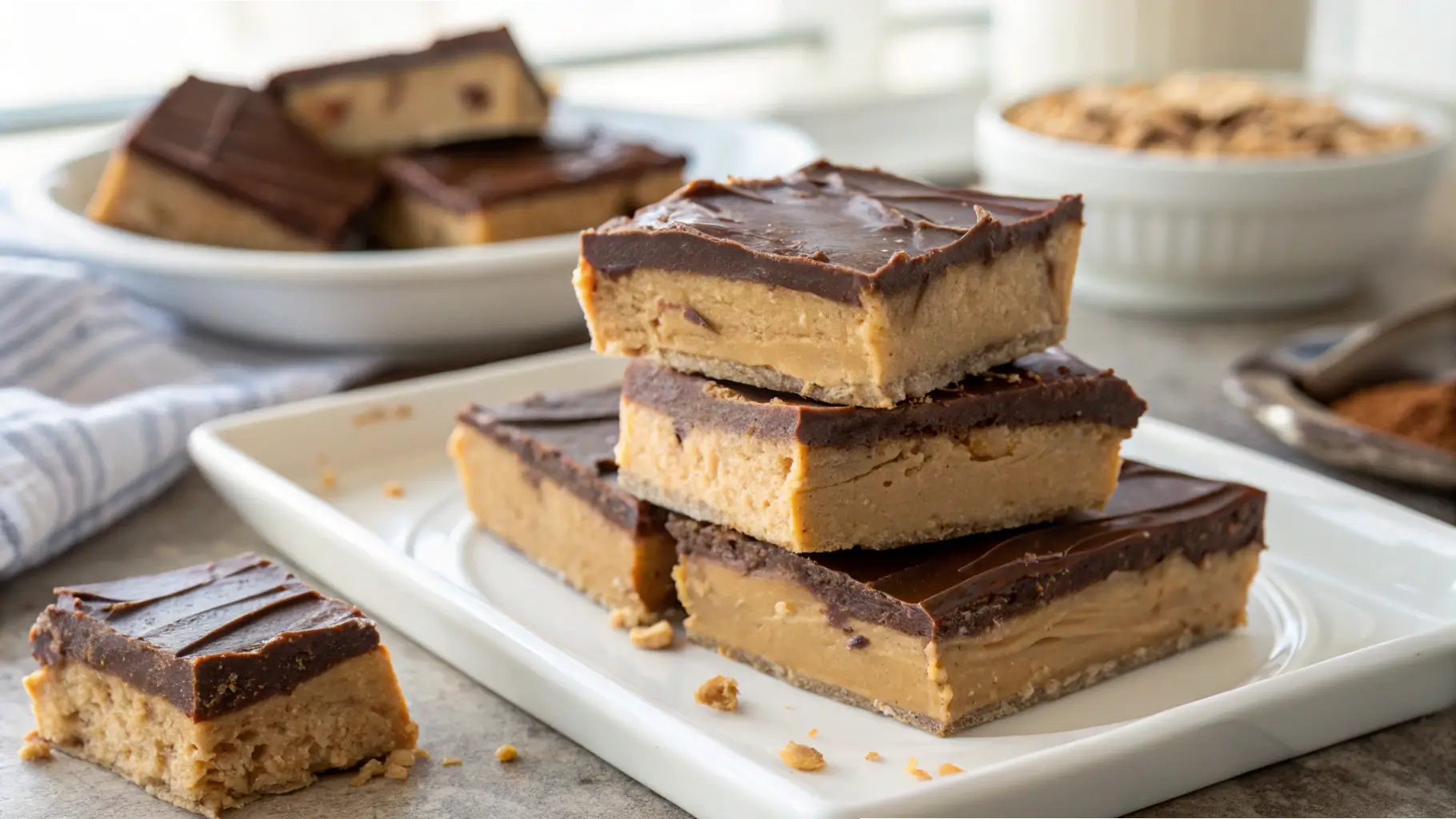 Close-up of buckeye bars stacked on a white plate, showing creamy peanut butter layers topped with smooth chocolate.