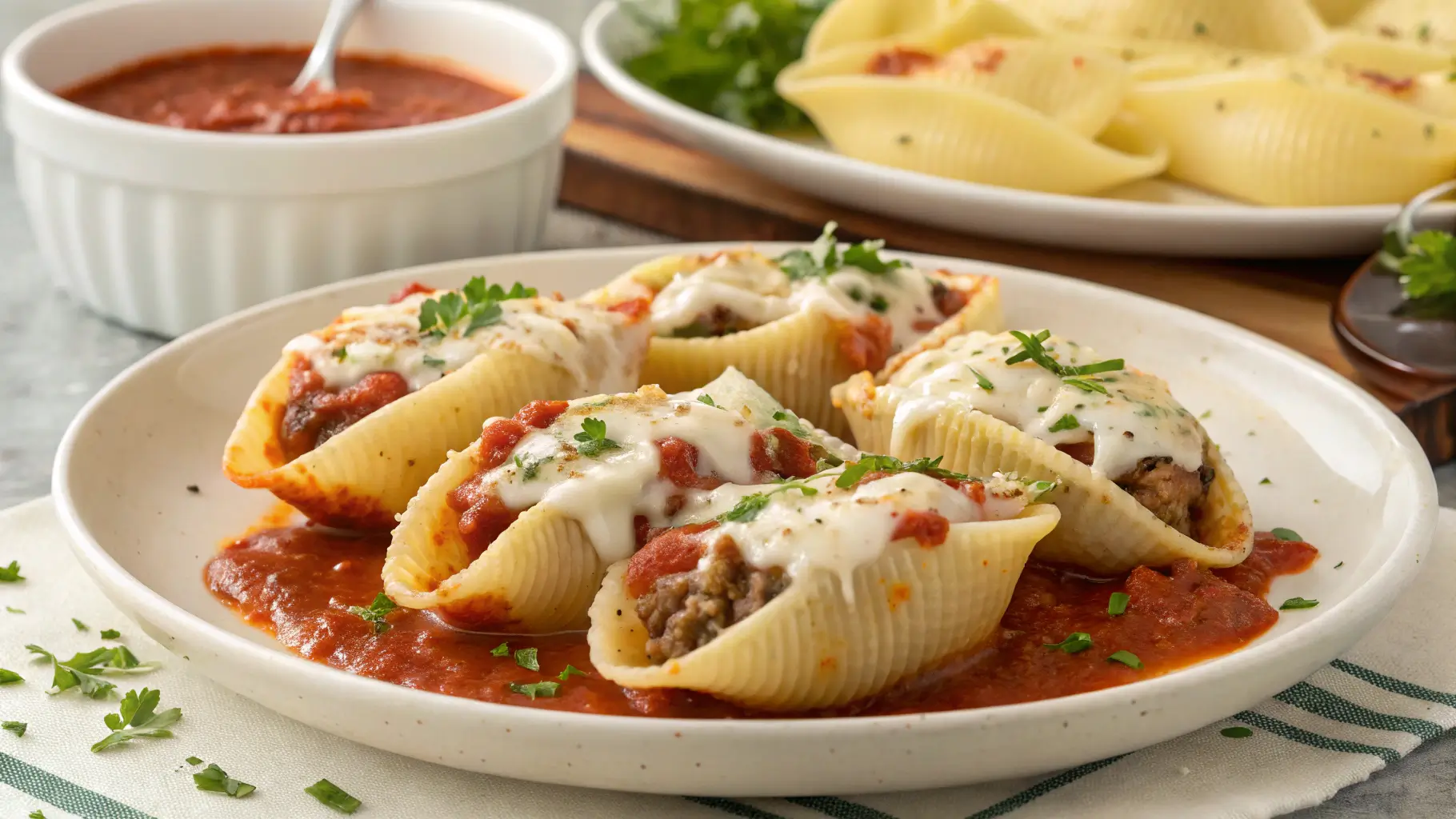 A plate of creamy ricotta beef stuffed shells pasta topped with melted mozzarella and fresh parsley, served over rich tomato sauce.