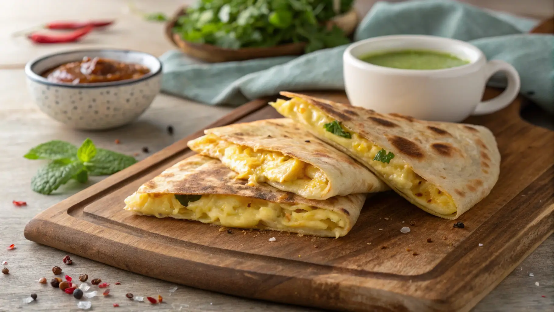 A crispy Egg Cheese Roti cut into triangles, filled with gooey melted cheese and fluffy scrambled eggs, served on a wooden board with mint chutney and spicy sauce.