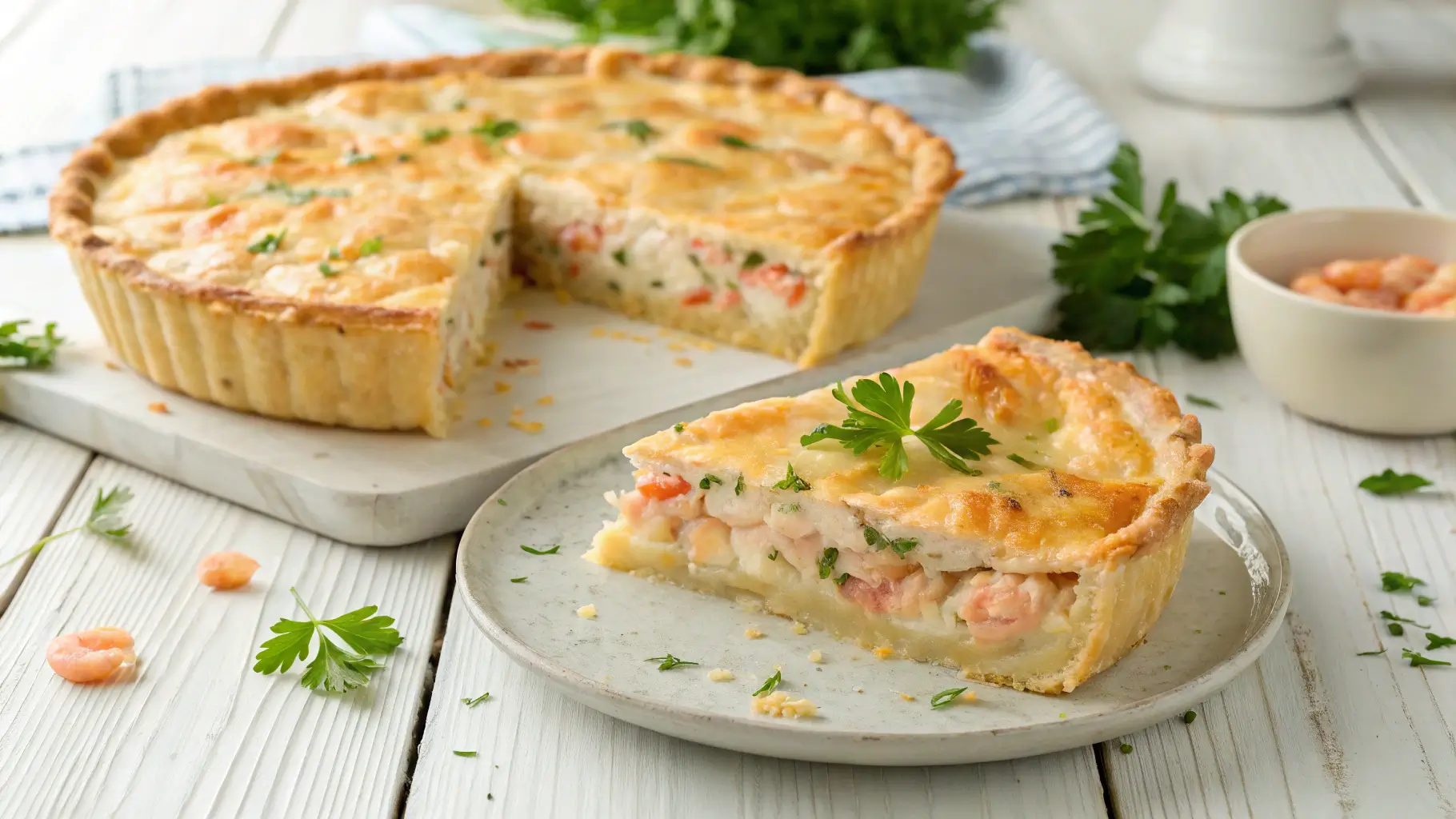 Freshly baked Florida Shrimp Pie with a golden crust, creamy shrimp filling, and garnished with parsley on a white wooden table.