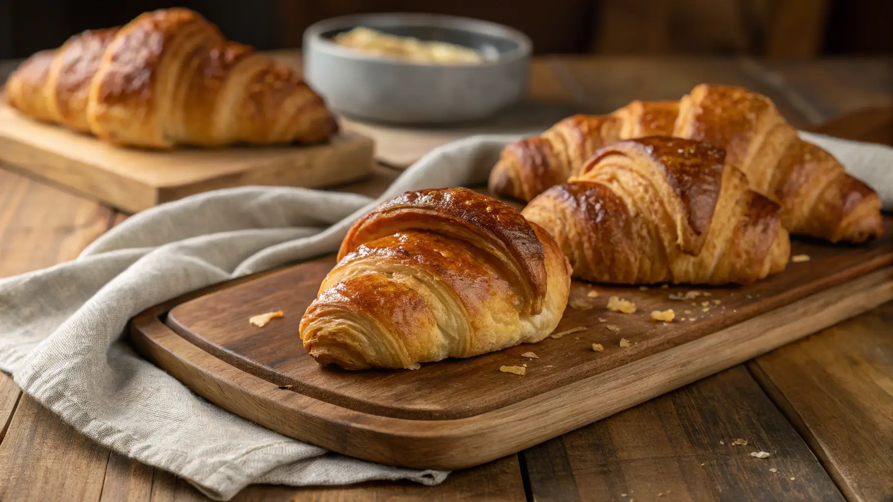 Freshly baked Gipfeli pastries with a golden, flaky crust on a wooden serving board, accompanied by a linen napkin and a dish of butter in the background.