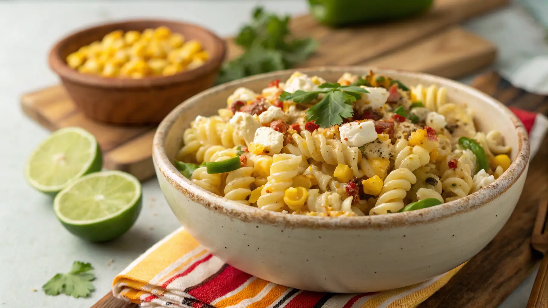 A bowl of Mexican street corn pasta salad with rotini pasta, grilled corn, crumbled cheese, jalapeños, and fresh cilantro, garnished with lime wedges.