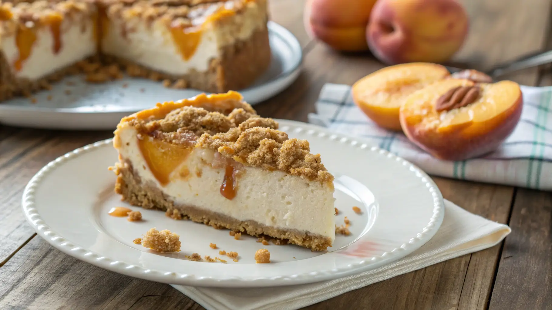 A slice of peach cobbler cheesecake on a white plate, featuring a golden graham cracker crust, creamy cheesecake filling, and a crumbly spiced peach topping. Fresh peaches and the full cheesecake are visible in the background on a rustic wooden table.