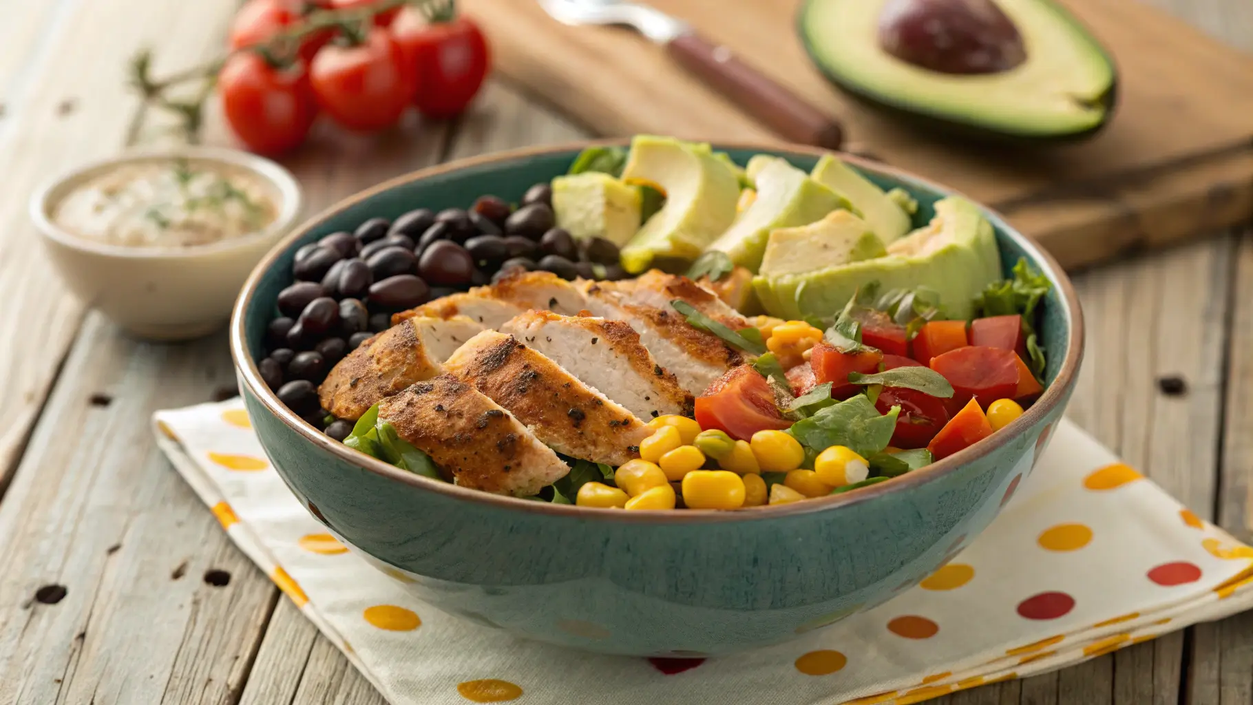 A colorful bowl of Southwest Chicken Salad with grilled chicken, black beans, corn, avocado, cherry tomatoes, and fresh greens.