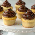 Vanilla cupcakes with chocolate frosting topped with colorful sprinkles, arranged on a white cake stand.